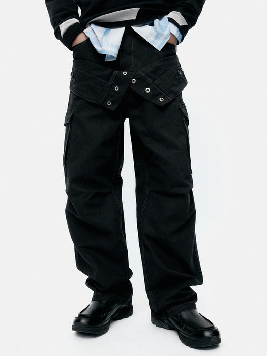 [andersson bell] UNISEX DOUBLE WAIST WORK WIDE-LEG JEANS apa834u(BLACK)