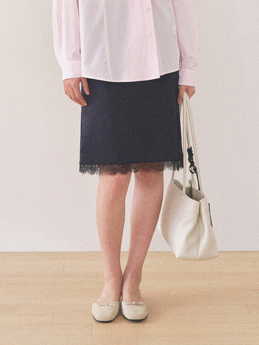 Mango Maniplease Aile Satin Lace Skirt Navy