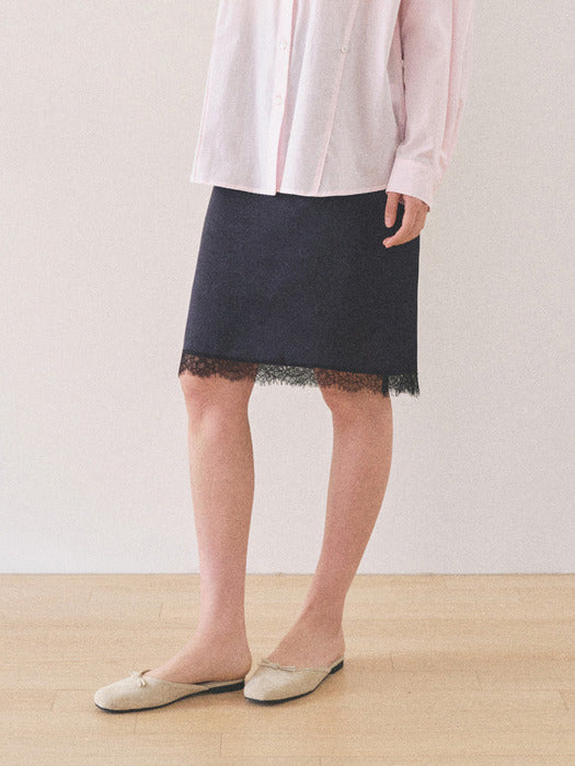 Mango Maniplease Aile Satin Lace Skirt Navy