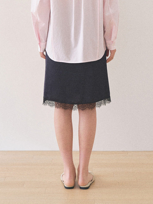 Mango Maniplease Aile Satin Lace Skirt Navy