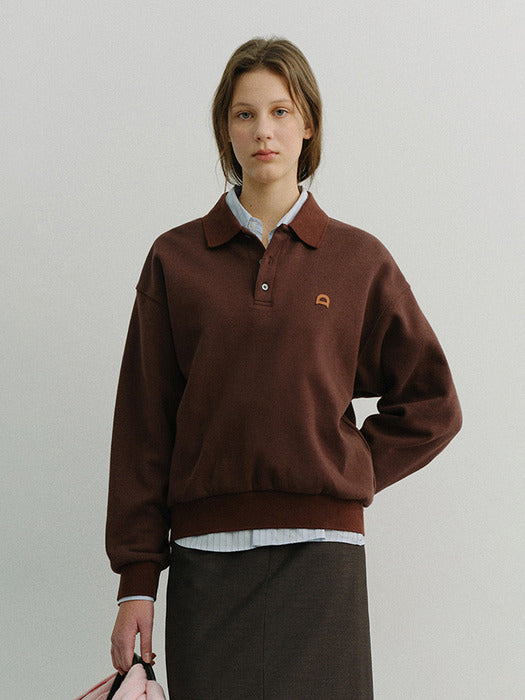 Dunst Unisex Leather Logo Collared T-Shirt Brown