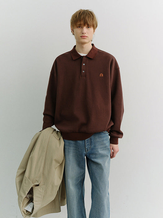 Dunst Unisex Leather Logo Collared T-Shirt Brown
