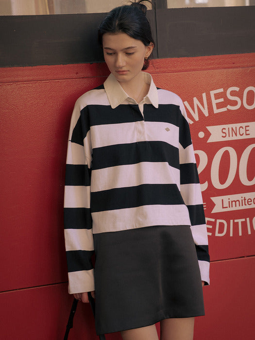 [TILLIDIE] Cotton stripe polo t-shirt TIFA01LT03_Ivory&black