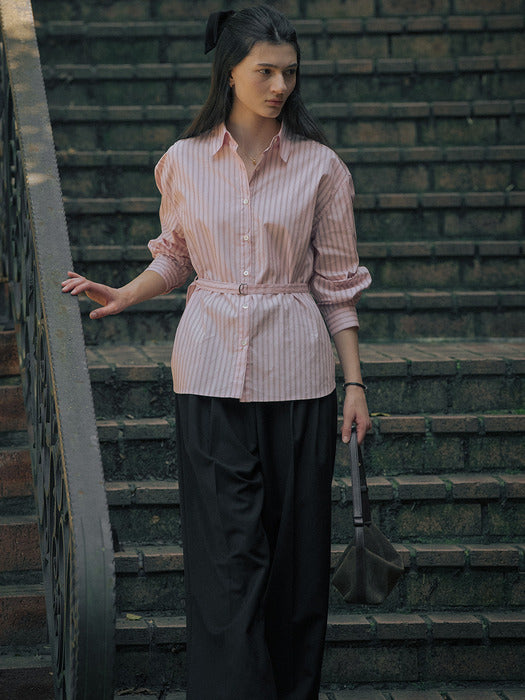 [TILLIDIE] Stripe belt set shirt TIFA01SH06_Pink
