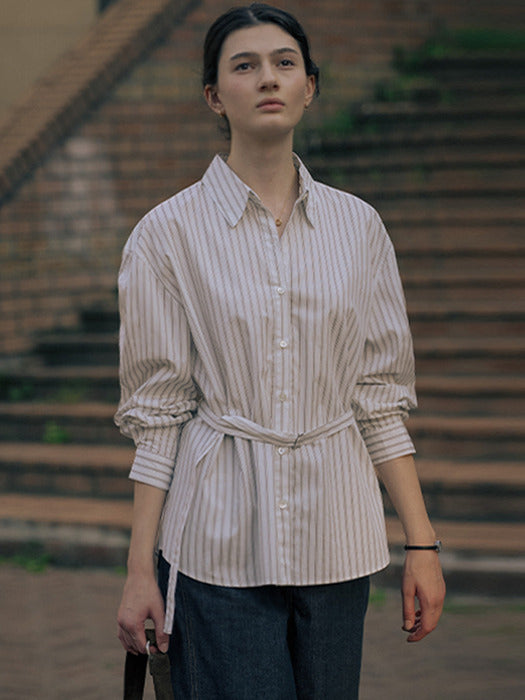 [TILLIDIE] Stripe belt set shirt TIFA01SH05_Ivory