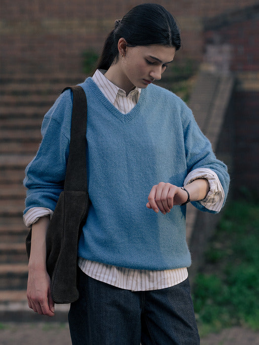 [TILLIDIE] V-neck loose knit TIFA01SW04_Blue