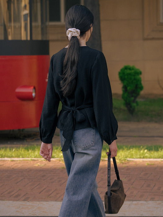 [TILLIDIE] Ribbon wrap blouse TIFA01BL03_Black