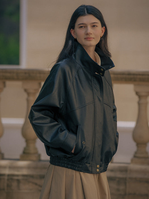 [TILLIDIE] High neck leather jacket TIFA01LE02_Black