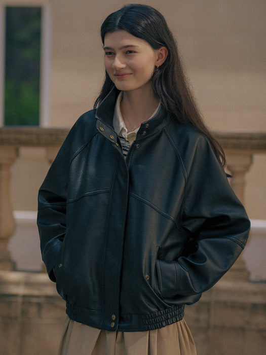 [TILLIDIE] High neck leather jacket TIFA01LE02_Black