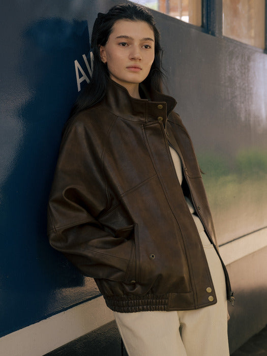 [TILLIDIE] High neck leather jacket TIFA01LE01_Brown