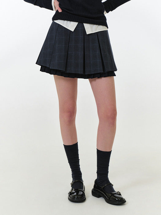 Grove 25Fw Fae Check Pleats Skirt (Blue Check)