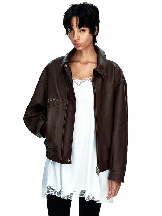 OVERSIZED LEATHER BLOUSON_brown