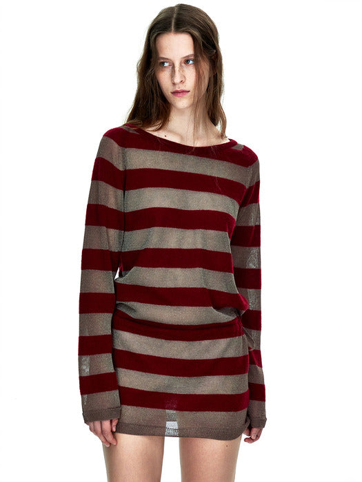METALLIC STRIPE KNIT DRESS_burgundy