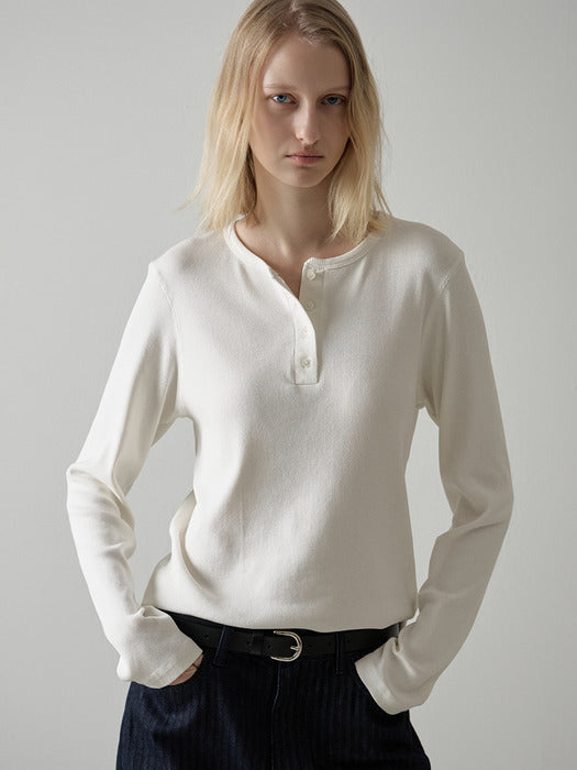 Facade Pattern Henley Neck Washed Cotton Rib T-shirt