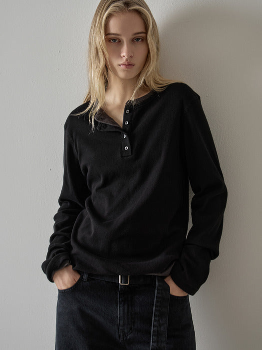 Facade Pattern Henley Neck Washed Cotton Rib T-shirt