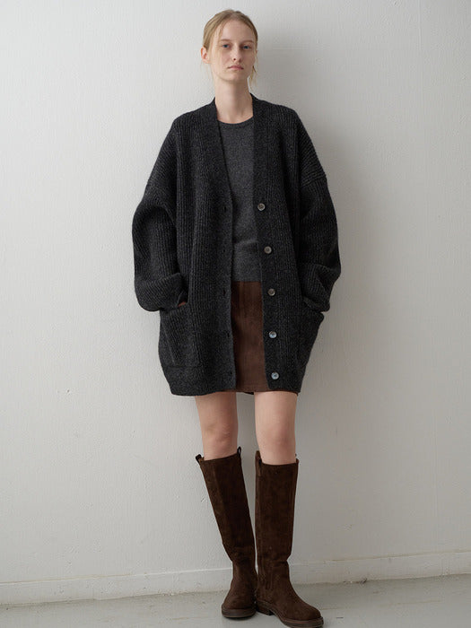 Shetland Wool V-Neck Cardigan_charcoal