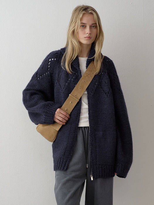 Diamond Hand-Knit Zip-Up_navy