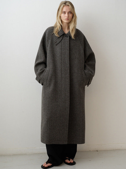 Oversized Herringbone Balmacaan Coat — Grey Brown