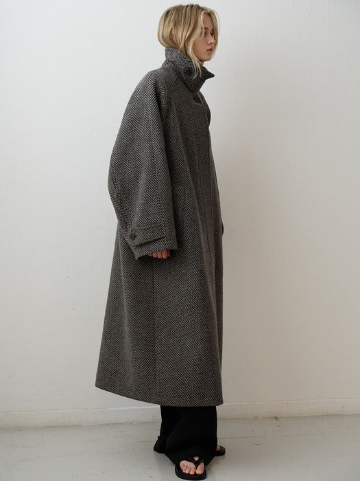 Oversized Herringbone Balmacaan Coat — Grey Brown