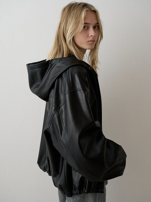 Leather Zip-Up Hoodie_black