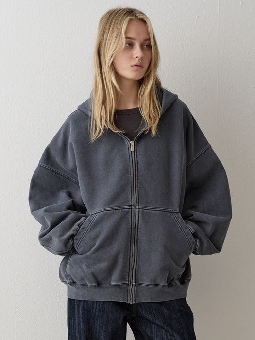 Oversized Pigment-Dyed Zip-Up Hoodie_blue grey