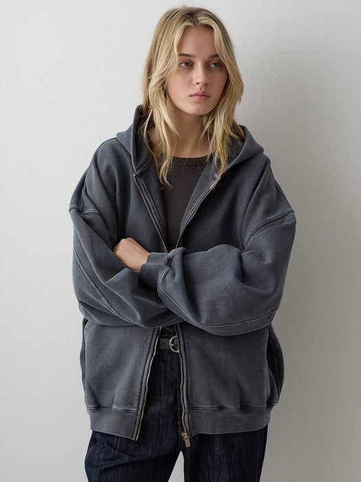 Oversized Pigment-Dyed Zip-Up Hoodie_blue grey
