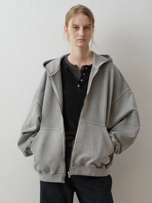 Oversized Pigment-Dyed Zip-Up Hoodie_grey