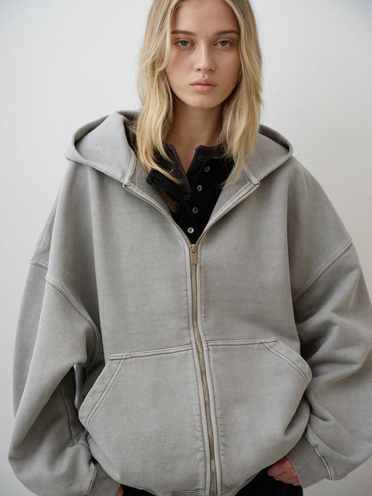 Oversized Pigment-Dyed Zip-Up Hoodie_grey