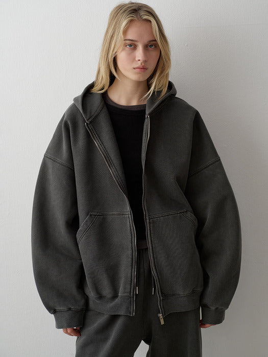 Oversized Pigment-Dyed Zip-Up Hoodie - Charcoal