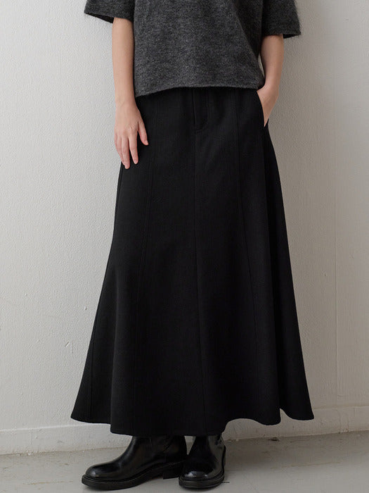Wool Maxi Flare Skirt - Black