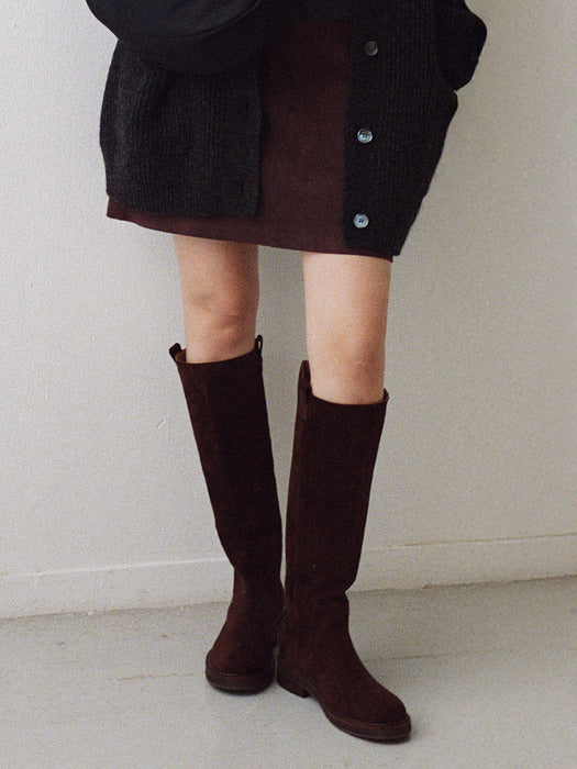 Facade Pattern Suede Long Boots chocolate
