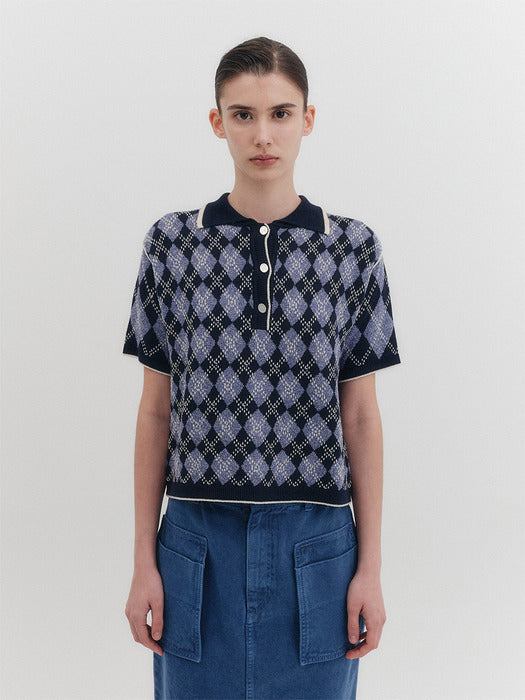 Eenk Argyle Short Sleeve Knitwear Top - Navy