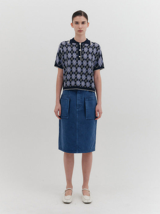 Eenk Argyle Short Sleeve Knitwear Top - Navy