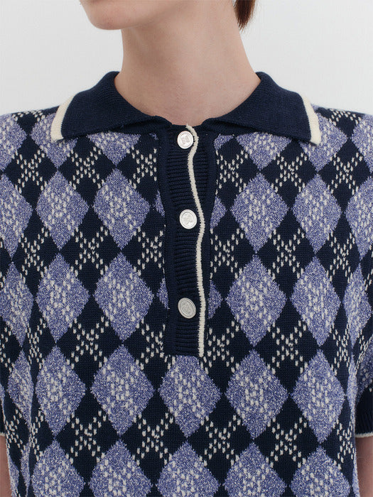 Eenk Argyle Short Sleeve Knitwear Top - Navy