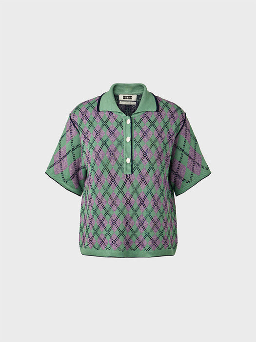Eenk Argyle Short Sleeve Knitwear Top - Mint