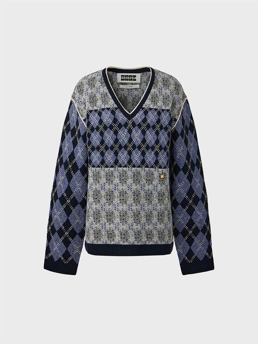 Eenk V-neck Argyle Knitwear Top - Navy