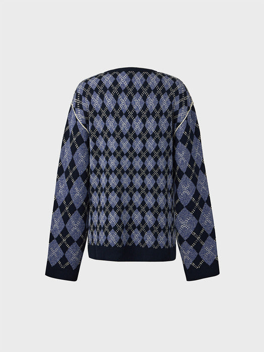 Eenk V-neck Argyle Knitwear Top - Navy