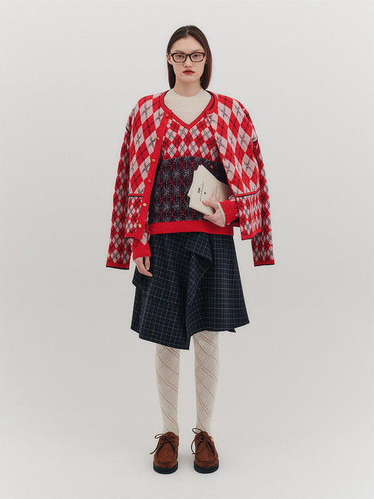 Eenk Argyle Knitwear Cardigan - Red