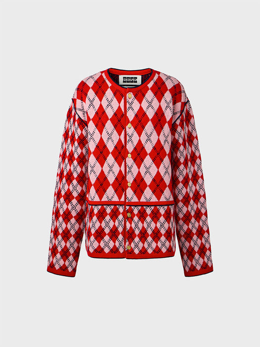 Eenk Argyle Knitwear Cardigan - Red