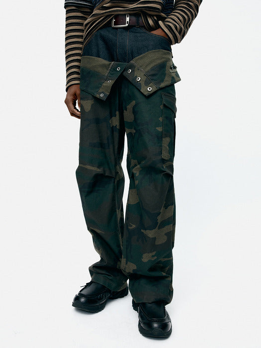 [andersson bell] UNISEX CAMOUFLAGE DOUBLE WAIST WORK WIDE-LEG JEANS apa853u(NAVY/GREEN)