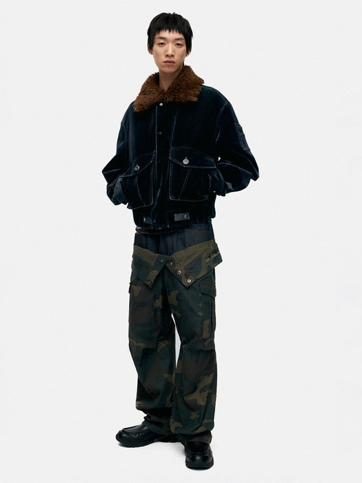 [andersson bell] UNISEX CAMOUFLAGE DOUBLE WAIST WORK WIDE-LEG JEANS apa853u(NAVY/GREEN)