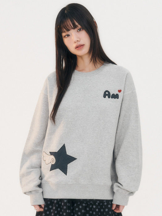 [ambler] Angel of the Stars Applique Check Patch Sweatshirts AMM1309 (Melange)