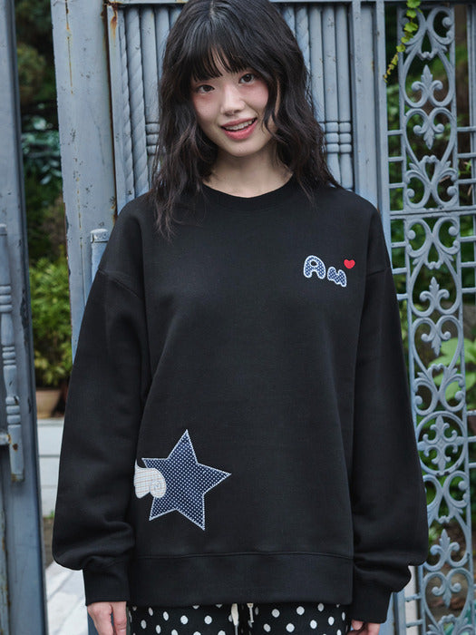 [ambler] Angel of the Stars Applique Check Patch Sweatshirts AMM1309 (Black)