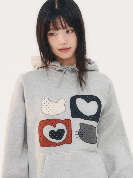 [ambler] Meow Bear Applique Check Patch Hoodie AHP1207 (Melange)