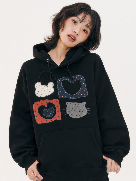[ambler] Meow Bear Applique Check Patch Hoodie AHP1207 (Black)
