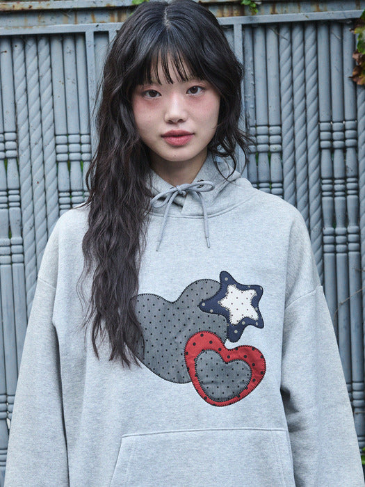 [ambler] MY HEART Applique Check Patch Hoodie AHP1208 (Melange)