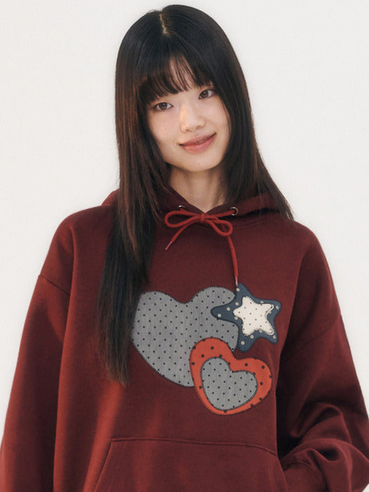 [ambler] MY HEART Applique Check Patch Hoodie AHP1208 (Burgundy)