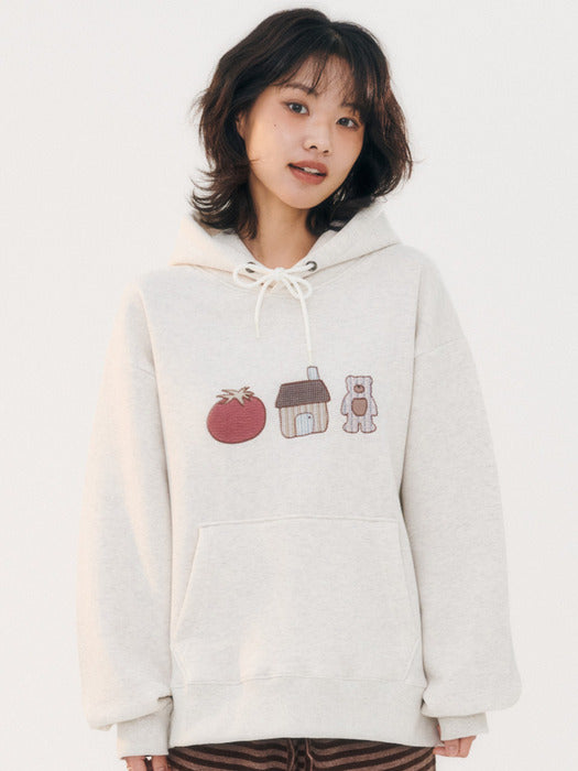 Ambler Tomato Bear Applique Check Patch Hoodie (Oatmeal)