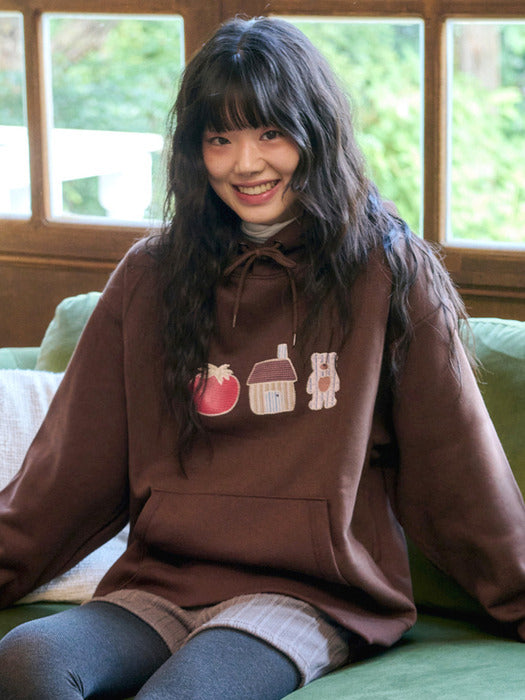 Ambler Tomato Bear Applique Check Patch Hoodie (Brown)