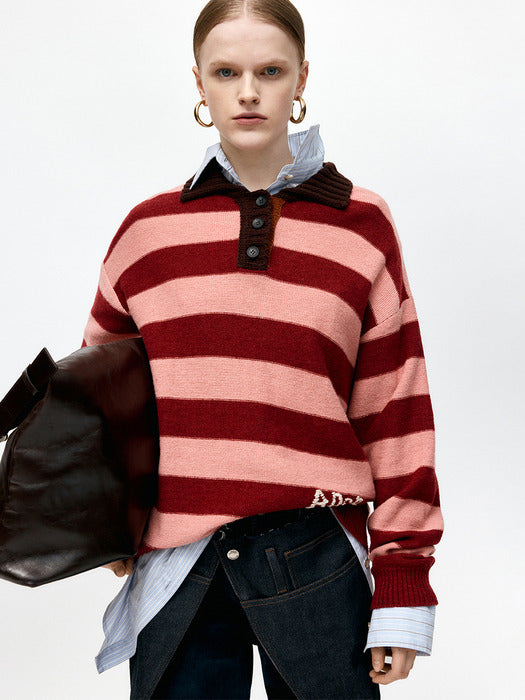 [andersson bell] LOOSE-FIT STRIPE COLLAR SWEATER atb1399w(PINK/RED WINE)